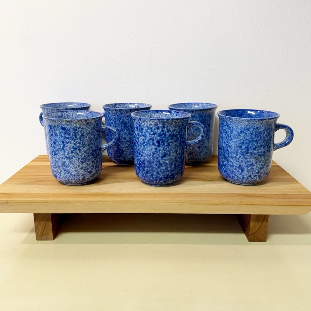 DANSK Vintage Set of 6 Speckled Blue Stoneware Mugs Danish Modern Coffee Cups